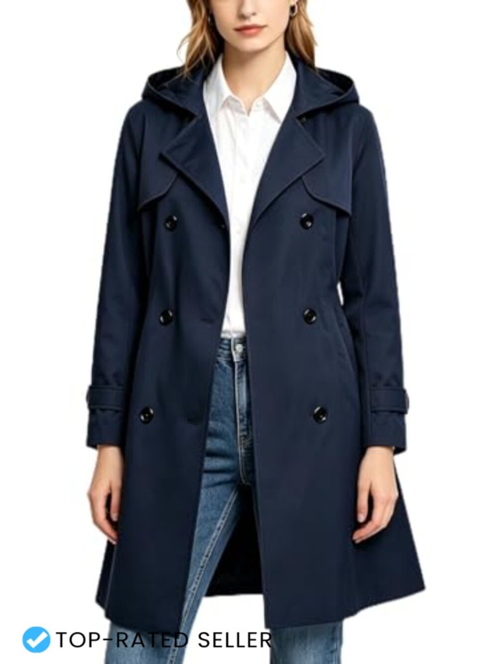 Waterproof Trench Coat Long Double Breasted Belted Removable Hood